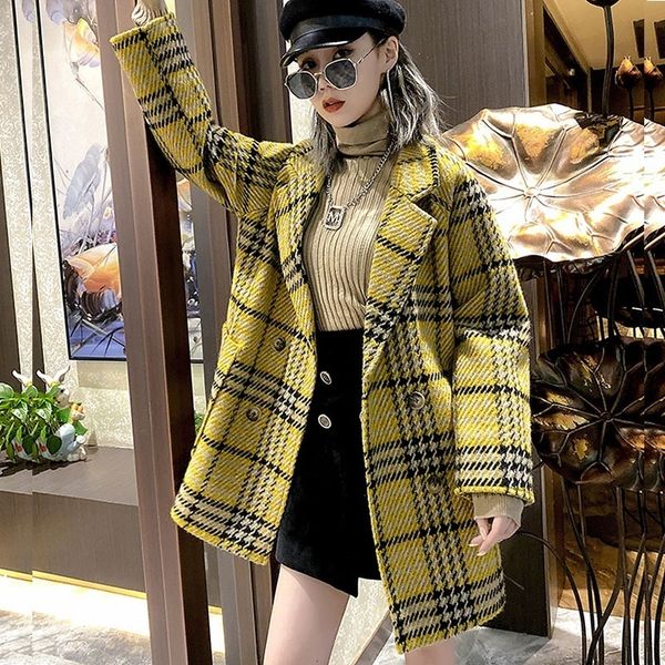 women's wool blends autumn women vintage houndstooth woolen cloth coat white yellow notched collar double breasted long sleeve female p, Black
women's wool blends autumn women vintage houndstooth woolen cloth coat white yellow notched collar double breasted long sleeve female p, Black