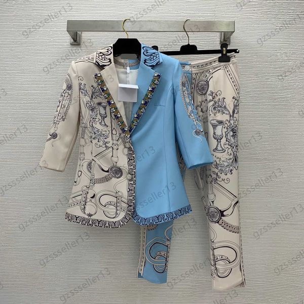 women two pieces pants color matching printing diamond button decoration lapel 3/4 sleeve slim suit jacket loose straight-leg cropped pant w, White
women two pieces pants color matching printing diamond button decoration lapel 3/4 sleeve slim suit jacket loose straight-leg cropped pant w, White