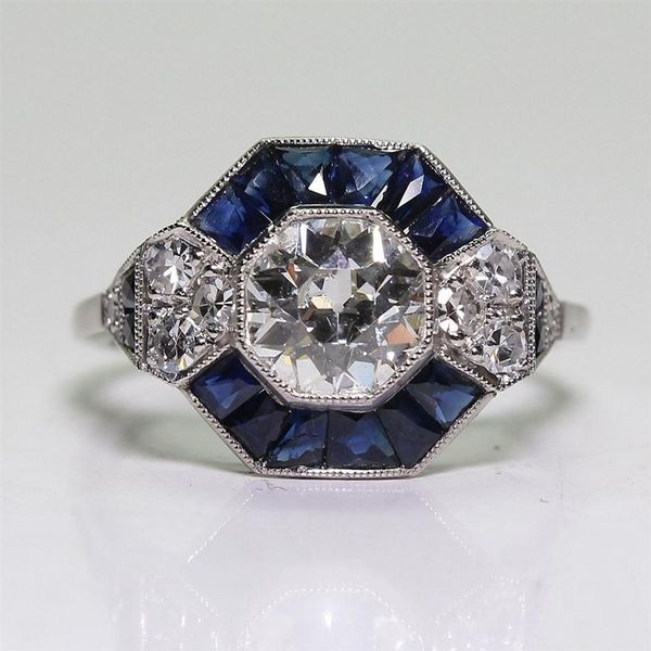 

antique jewelry 925 sterling silver diamond & sapphire bride wedding engagement art deco ring size 5-12238z, Golden;silver