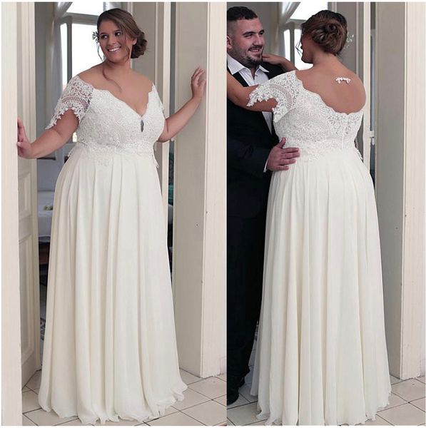 unique chiffon jewel neckline a-line plus size wedding dresses with beaded lace appliques short sleeves bridal gown, White
unique chiffon jewel neckline a-line plus size wedding dresses with beaded lace appliques short sleeves bridal gown, White