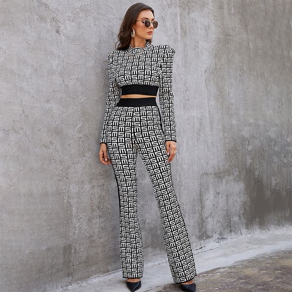 women s two piece pants chic geometric jacquard bandage set long sleeves high neck shirt waist slim flare celebrity fashion sui 221119, White
women s two piece pants chic geometric jacquard bandage set long sleeves high neck shirt waist slim flare celebrity fashion sui 221119, White