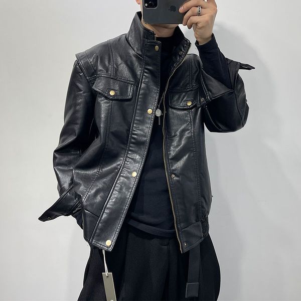 men's leather faux original standing collar function short leather coat male korean fashion allmatch loose cargo jacket 221119, Black
men's leather faux original standing collar function short leather coat male korean fashion allmatch loose cargo jacket 221119, Black