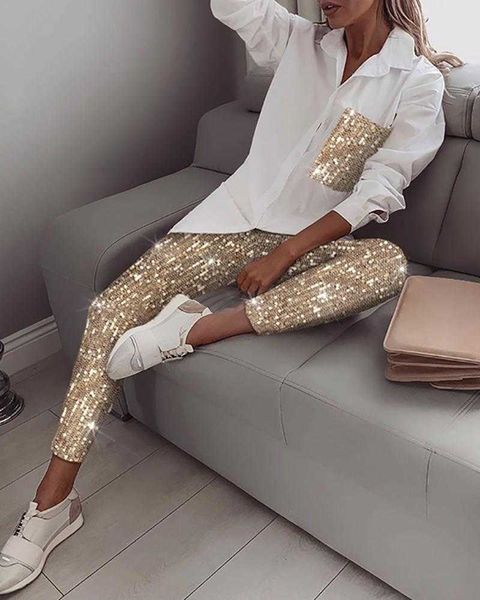 women's two piece pants 2 piece women sets sequins long sleeve shirt turn-down collar casual elastic glitter shiny pants autumn streetw, White
women's two piece pants 2 piece women sets sequins long sleeve shirt turn-down collar casual elastic glitter shiny pants autumn streetw, White