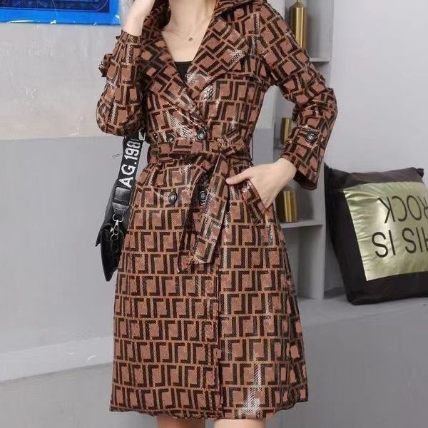 

Women' Trench Coats Designer Luxury Quality F Fashion Leather Letter Khaki Belt Waist Ladies Knee Length Coat 0K37