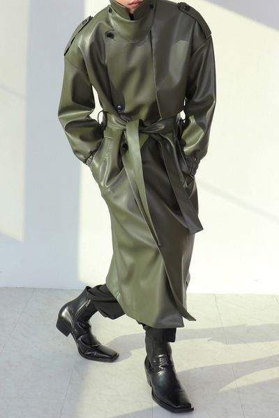 men's leather faux leather military green trench coat design sense senior men's long coat autumnwinter korean fashion loose leathe, Black
men's leather faux leather military green trench coat design sense senior men's long coat autumnwinter korean fashion loose leathe, Black
