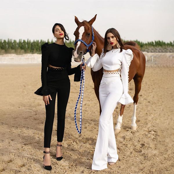 women s two piece pants white black bandage set elegant women full sleeve short waist fashion flare 221119
women s two piece pants white black bandage set elegant women full sleeve short waist fashion flare 221119