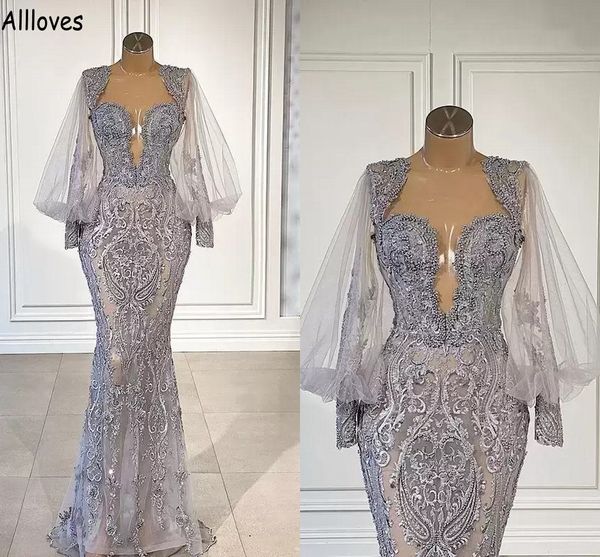 gorgeous grey lace mermaid prom dresses with illusion long sleeves sheer neck appliqued beads formal evening gowns arabic aso ebi special oc, Black
gorgeous grey lace mermaid prom dresses with illusion long sleeves sheer neck appliqued beads formal evening gowns arabic aso ebi special oc, Black