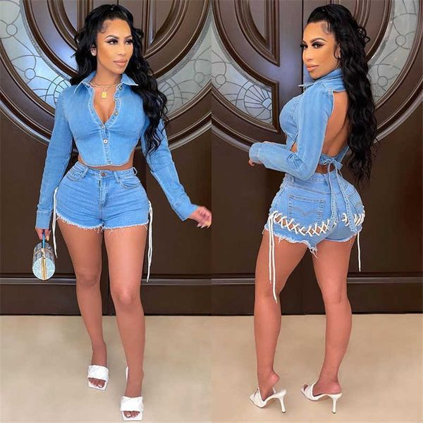 women's two piece pants denim two piece short set for women irregular backless jacket and lace-up shorts sets club wear party jeans out, White
women's two piece pants denim two piece short set for women irregular backless jacket and lace-up shorts sets club wear party jeans out, White