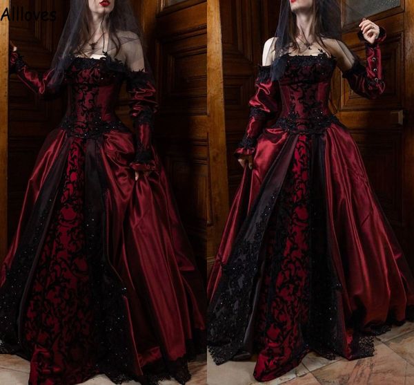 gothic burgundy satin a line wedding dresses with long sleeves black lace appliqued corset vintate bridal gowns off shoulder ruched 1950s br, White
gothic burgundy satin a line wedding dresses with long sleeves black lace appliqued corset vintate bridal gowns off shoulder ruched 1950s br, White