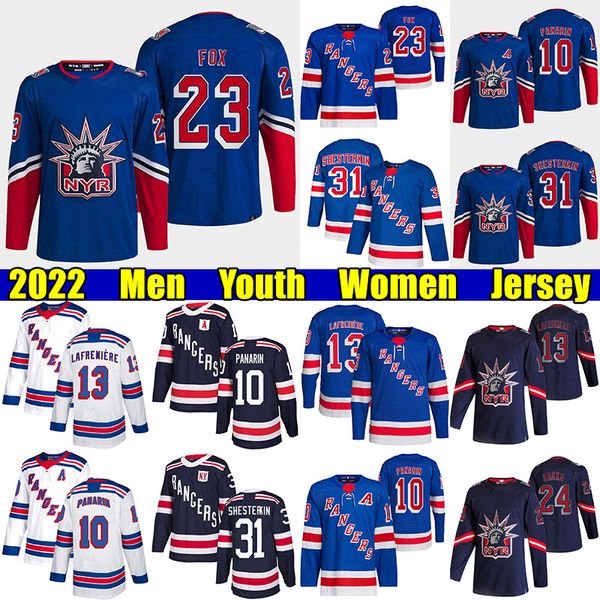 Image of #23 Adam Fox NY Reverse Retro hockey jersey #10 Artemi Panarin Rangers#31 Igor Shesterkin Mika Zibanejad Chris Kreider Jacob Trouba Kaapo KakkoWayne Gretzky jerseys