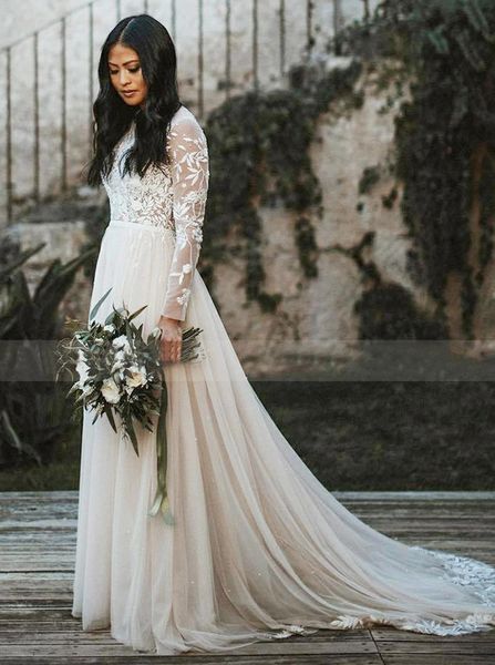 high neck a-line tulle boho beach wedding dresses modest illusion long sleeve romantic floral appliques vestidos de novia, White
high neck a-line tulle boho beach wedding dresses modest illusion long sleeve romantic floral appliques vestidos de novia, White