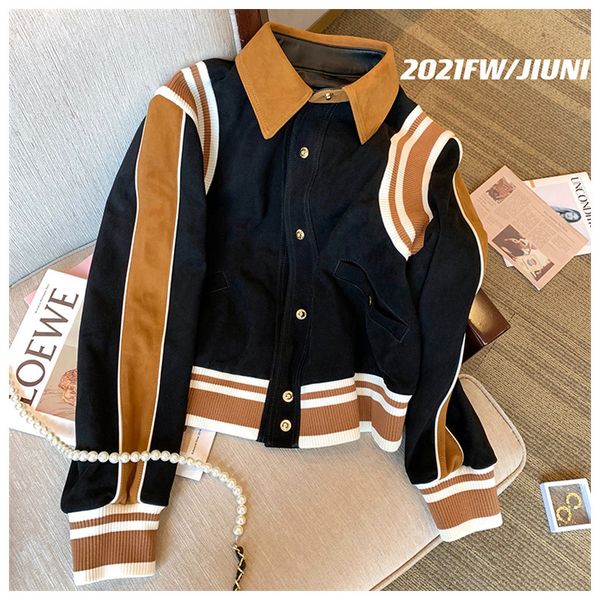 women's jackets baseball uniform loose casual retro american stitching short polo collar long-sleeved coat 221119, Black;brown
women's jackets baseball uniform loose casual retro american stitching short polo collar long-sleeved coat 221119, Black;brown