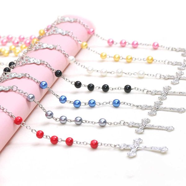 pearl rosary necklace colorful cross christian holy father virgin catholic prayer jewelry, Silver
pearl rosary necklace colorful cross christian holy father virgin catholic prayer jewelry, Silver