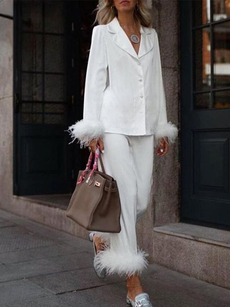 womens two piece pants with feather blazer and straight suits women fashion furry tailored collar shirts trousers set lady outfit 221121, White
womens two piece pants with feather blazer and straight suits women fashion furry tailored collar shirts trousers set lady outfit 221121, White