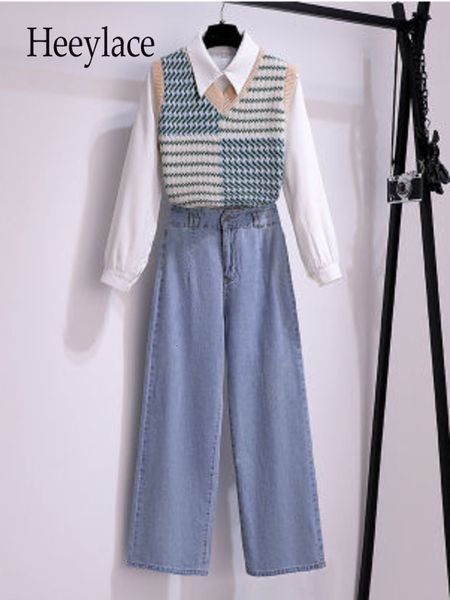 women's two piece pants autumn streetwear three set s outfits korean casual knitted vest shirt wide leg denim women clothing 221121, White
women's two piece pants autumn streetwear three set s outfits korean casual knitted vest shirt wide leg denim women clothing 221121, White
