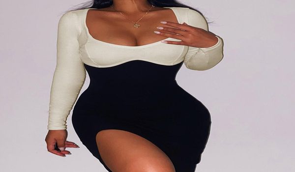 ladies slimming midi dress autumn long sleeve lowcut high waist fashion basic patchwork ribbed dresses, White
ladies slimming midi dress autumn long sleeve lowcut high waist fashion basic patchwork ribbed dresses, White