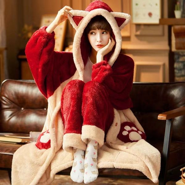 women's sleepwear autumn winter women hooded pajama sets thicken warm coral fleece sweet cute female homewear home clothes 221119, Black;red
women's sleepwear autumn winter women hooded pajama sets thicken warm coral fleece sweet cute female homewear home clothes 221119, Black;red