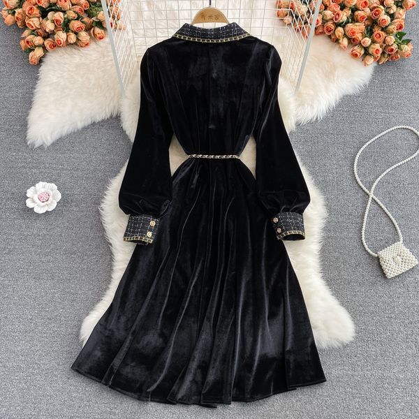 casual dresses autumn and winter french vintage light luxury high waist lacing lapel velvet elegant temperament large swing l221121, Black;gray
casual dresses autumn and winter french vintage light luxury high waist lacing lapel velvet elegant temperament large swing l221121, Black;gray