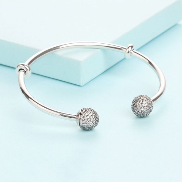 925 sterling silver open bangle bracelet with clear cz pave ball fits european pandora jewelry charm, Black
925 sterling silver open bangle bracelet with clear cz pave ball fits european pandora jewelry charm, Black