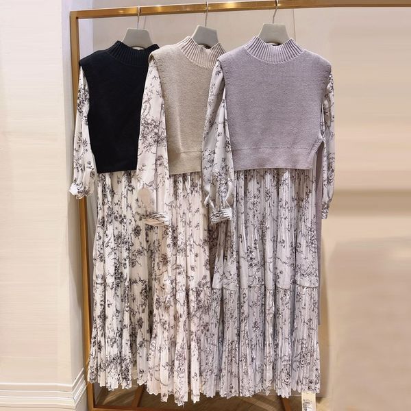 two piece dress casual dresses kuzuwata fashion japan suits o neck long sleeve printed pleated dress inside camisole robe lace up vest three, White
two piece dress casual dresses kuzuwata fashion japan suits o neck long sleeve printed pleated dress inside camisole robe lace up vest three, White
