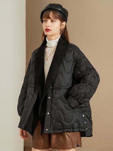 women's down parkas est loose silhouette puffer coat women woolen stitching v neck drawstring suit collar 90 white duck short jackets 2, Black
women's down parkas est loose silhouette puffer coat women woolen stitching v neck drawstring suit collar 90 white duck short jackets 2, Black