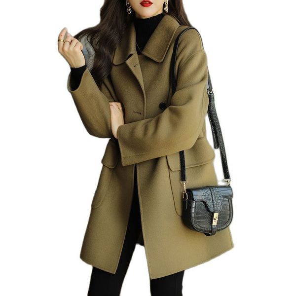 

women blends female temperament fashion woolen coat autumn winter women thicker korean mid length loose high end small jacket a702 221119, Black