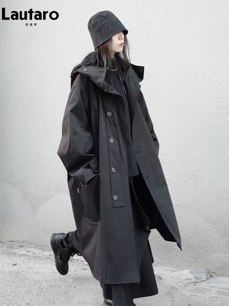 women's trench coats lautaro spring autumn long oversized black coat with hood dark academia aesthetic luxury designer clothes for wome, Tan;black
women's trench coats lautaro spring autumn long oversized black coat with hood dark academia aesthetic luxury designer clothes for wome, Tan;black