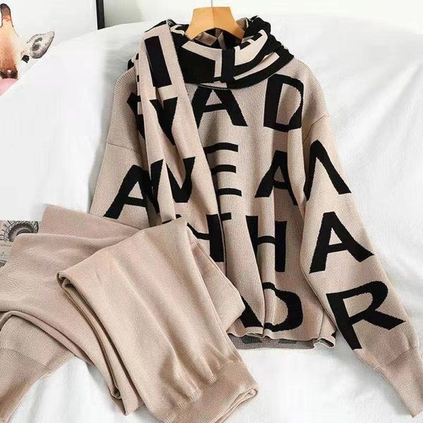 women s two piece pants sweater set fall outfit knitted suit high waist wide leg sets letter woman long scarf three for 221119, White
women s two piece pants sweater set fall outfit knitted suit high waist wide leg sets letter woman long scarf three for 221119, White