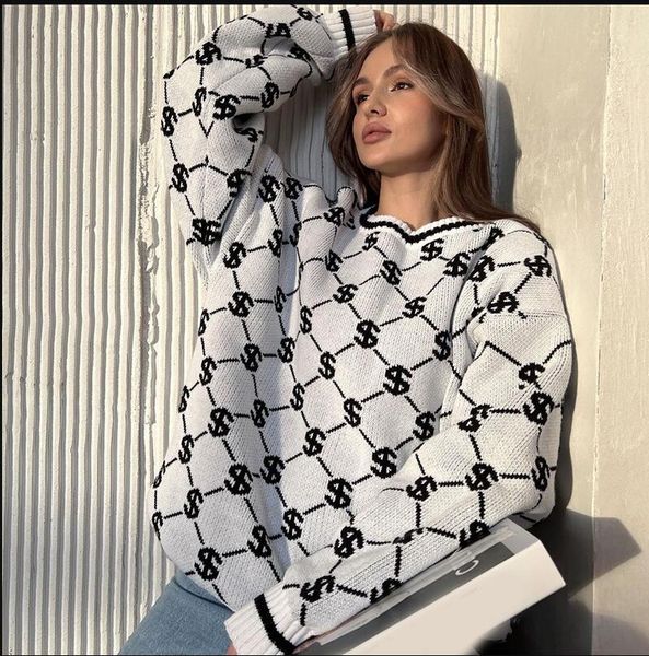 2023 women's sweaters plaid o-neck knitted pullover women luxury dollar print jumper autumn winter thick warm ladies oversized sweaters, White;black
2023 women's sweaters plaid o-neck knitted pullover women luxury dollar print jumper autumn winter thick warm ladies oversized sweaters, White;black