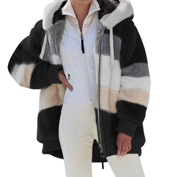 women's wool blends women contrast color hooded coat long sleeve zip-up plush for spring autumn 221121, Black
women's wool blends women contrast color hooded coat long sleeve zip-up plush for spring autumn 221121, Black