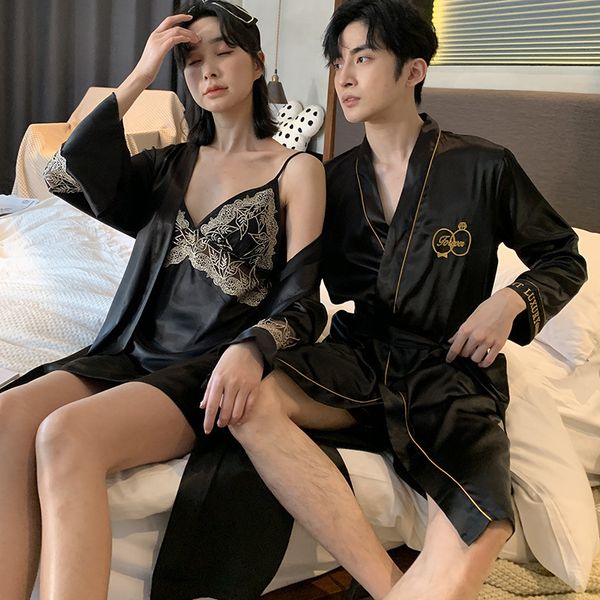 men s sleepwear fzslcyiyi summer satin homewear men robe short set lace patchwork robes nightdress couple pajamas 221119, Black;brown
men s sleepwear fzslcyiyi summer satin homewear men robe short set lace patchwork robes nightdress couple pajamas 221119, Black;brown