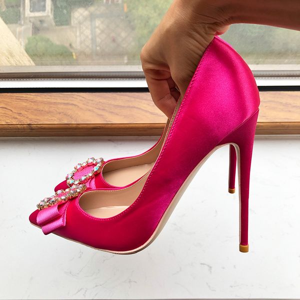fuchisia pink satin crystal buckle women shoes luxury brand red bottom pointy toe high heel shoes with bow decor wedding bridal dress stilet, Black
fuchisia pink satin crystal buckle women shoes luxury brand red bottom pointy toe high heel shoes with bow decor wedding bridal dress stilet, Black