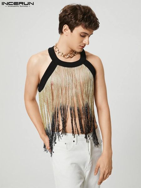 men' tank incerun men tank tassel patchwork oneck sleeveless see through vests men streetwear fashion crop s5xl 7 221122, White;black
men' tank incerun men tank tassel patchwork oneck sleeveless see through vests men streetwear fashion crop s5xl 7 221122, White;black