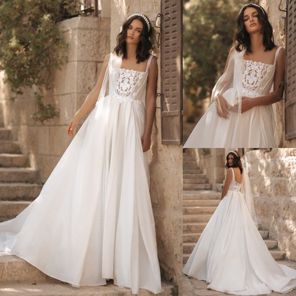 berta appliqued wedding dresses square neckline bridal gowns pearls a line sweep train satin vestido de novia, White
berta appliqued wedding dresses square neckline bridal gowns pearls a line sweep train satin vestido de novia, White