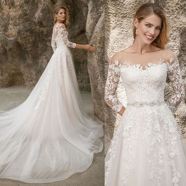 elegant 3/4 sleeve wedding dress 2022 sheer bateau neck lace appliques tulle bridal gown with button back belt, White
elegant 3/4 sleeve wedding dress 2022 sheer bateau neck lace appliques tulle bridal gown with button back belt, White