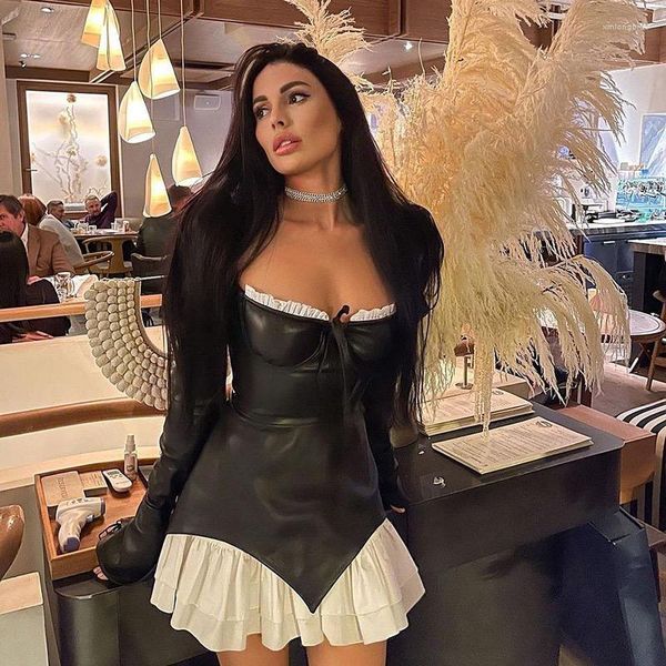 casual dresses ins low cut lace up ruffle dress women's black u-neck long sleeve leather women, Black;gray 
casual dresses ins low cut lace up ruffle dress women's black u-neck long sleeve leather women, Black;gray