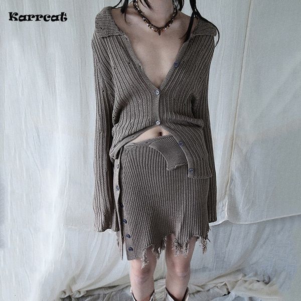 two piece dress karrcat grunge skirt sets gothic y2k knitted two piece set hole design distressed irregular 2 womens outfits 221122, White
two piece dress karrcat grunge skirt sets gothic y2k knitted two piece set hole design distressed irregular 2 womens outfits 221122, White