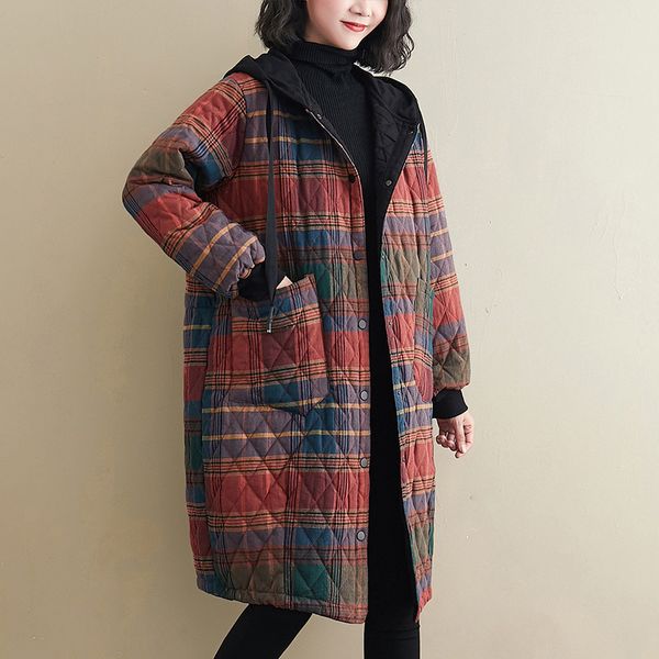 women's down parkas johnature women vintage winter plaid button coats hooded pockets warm female clothes korean style 221122, Black
women's down parkas johnature women vintage winter plaid button coats hooded pockets warm female clothes korean style 221122, Black