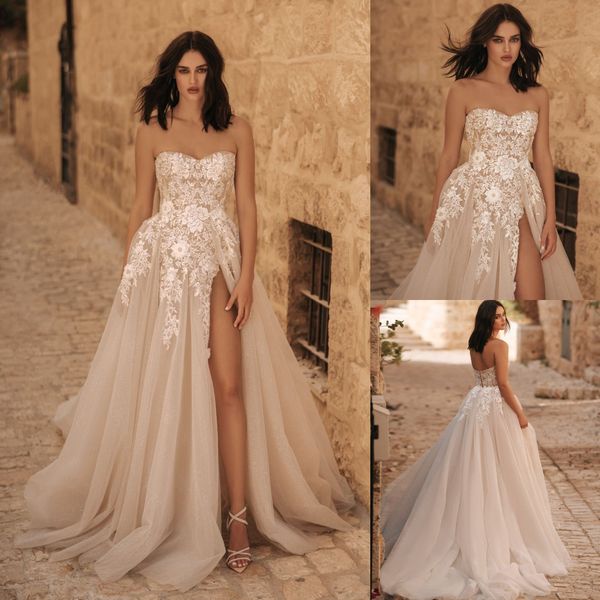 berta lace wedding dresses side split bridal gowns appliqued strapless neckline sequined a line sweep train tulle vestido de novia, White
berta lace wedding dresses side split bridal gowns appliqued strapless neckline sequined a line sweep train tulle vestido de novia, White