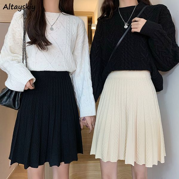 skirts knitted pleated women above knee solid casual autumn allmatch design college jupe femme korean style high waist elegant 221122, Black