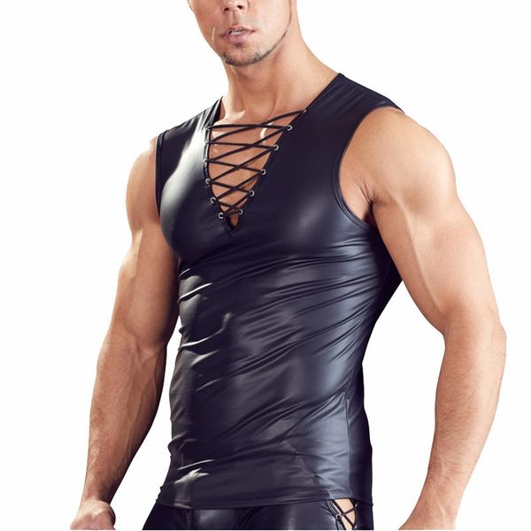 men' tank mens sleeveless pu leather t shirts faux laceup deepv vest male nightclub stage costumes men clothes 221122, White;black
men' tank mens sleeveless pu leather t shirts faux laceup deepv vest male nightclub stage costumes men clothes 221122, White;black