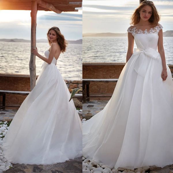 charming beach wedding dress with detachable neckline a line sleeveless sweep train bridal gown with bow, White
charming beach wedding dress with detachable neckline a line sleeveless sweep train bridal gown with bow, White