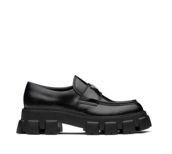 women shoes dress shoe loafers luxury designer brand metal triangle monolith brushed leather platform heel pointed round toes, Black
women shoes dress shoe loafers luxury designer brand metal triangle monolith brushed leather platform heel pointed round toes, Black