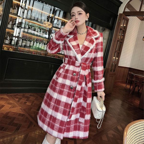 the new high-end temperament wool plaid single breasted waist mid-long coat for autumn and winter, Black
the new high-end temperament wool plaid single breasted waist mid-long coat for autumn and winter, Black