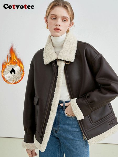 womens leather faux cotvotee jacket brown lamb winter coat vintage streetwear fashion loose warm 221122, Black 
womens leather faux cotvotee jacket brown lamb winter coat vintage streetwear fashion loose warm 221122, Black