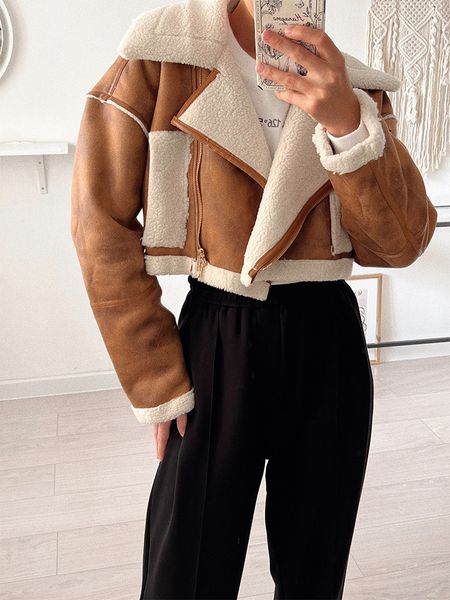 women's fur faux zack rain women lamb jacket winter ladies short thick coat vintage high street warm spliced female chic outwear 221123, Black
women's fur faux zack rain women lamb jacket winter ladies short thick coat vintage high street warm spliced female chic outwear 221123, Black