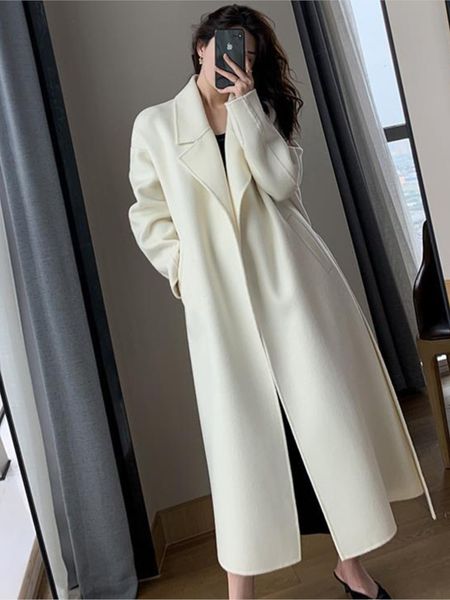 women' blend elegant long coat with belt solid color sleeve jackets chic outerwear ladies overcoat autumn winter 221123, Black
women' blend elegant long coat with belt solid color sleeve jackets chic outerwear ladies overcoat autumn winter 221123, Black