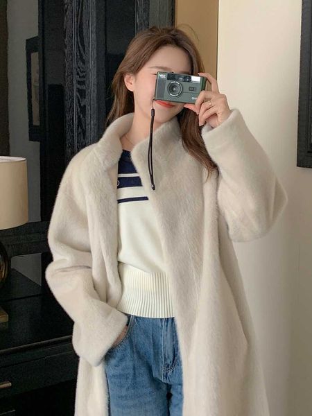 women's wool blends young environment-friendly fur temperament women mink plush thickened long stand collar coat lazy style, Black
women's wool blends young environment-friendly fur temperament women mink plush thickened long stand collar coat lazy style, Black