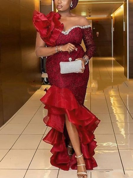 party dresses women formal off shoulder one sleeve tiered ruffle slit long burgundy lace dress elegant prom evening gown 221123, White;black
party dresses women formal off shoulder one sleeve tiered ruffle slit long burgundy lace dress elegant prom evening gown 221123, White;black
