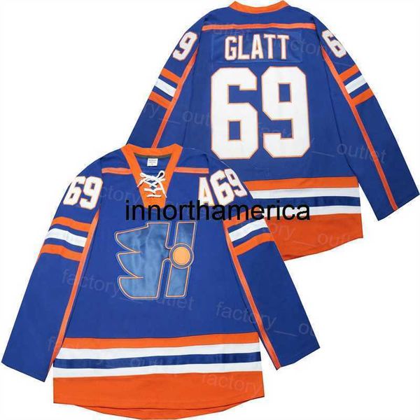 Image of Men College Halifax Highlanders 69 Doug Glatt Jersey Ice Hockey the Thug Goon Movie Team Color Blue All Stitched for Sport Fans Vintage